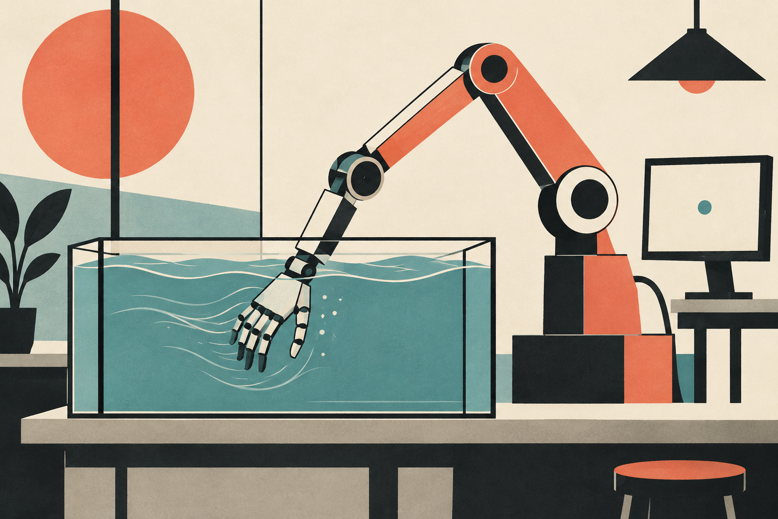ロボット腕と水槽を使う研究のイメージ