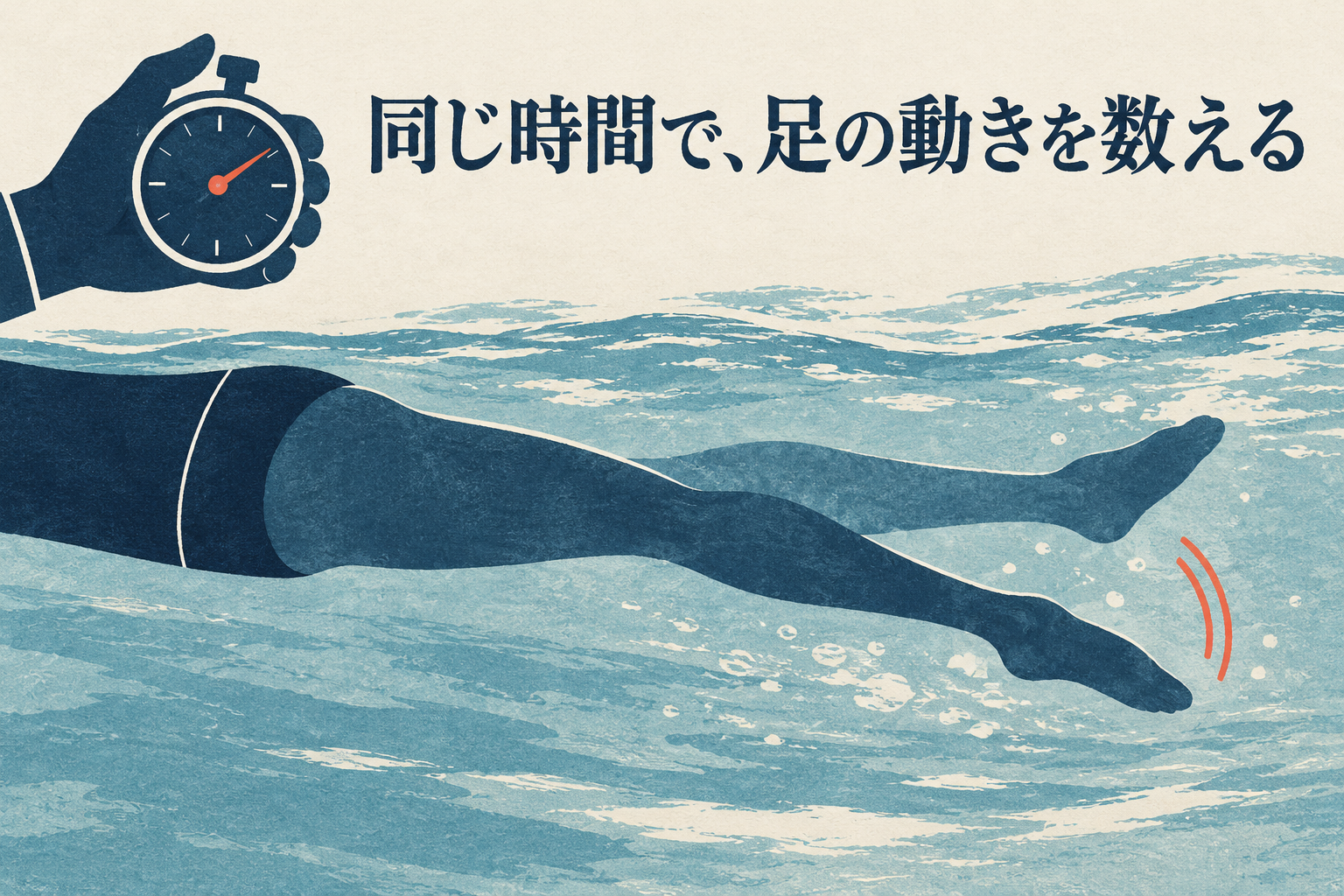 時計とキックする足。同じ時間に足が動く回数を見る