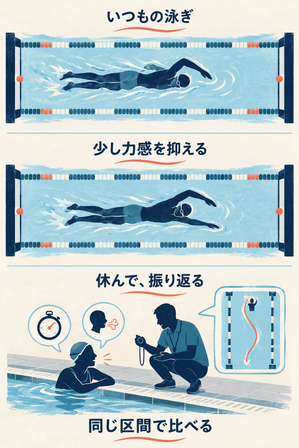 同じ区間を普段の泳ぎと力感を抑えた泳ぎで比べ、壁で休んで指導者とタイム・息・進路を振り返る観察案