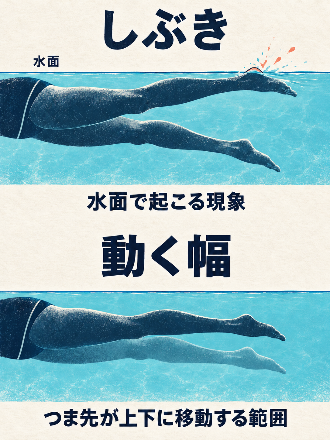 横から見た水面と水中の脚。上はかかと付近が水面に触れて起こるしぶき。下は同じ脚の水中での上下位置を重ねて示す