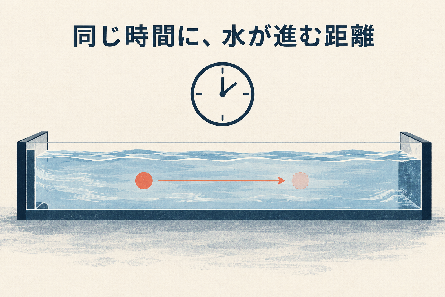 時計で同じ時間を区切り、水が進む距離を見る概念図。丸は水の位置を追う仮の目印