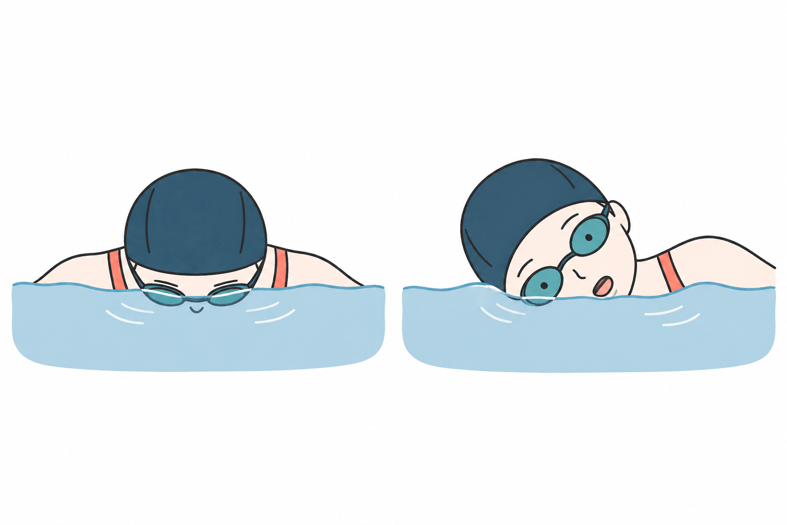左は顔が水中にある泳者、右は横を向いて口を空気へ出す泳者。水面と口の位置の比較