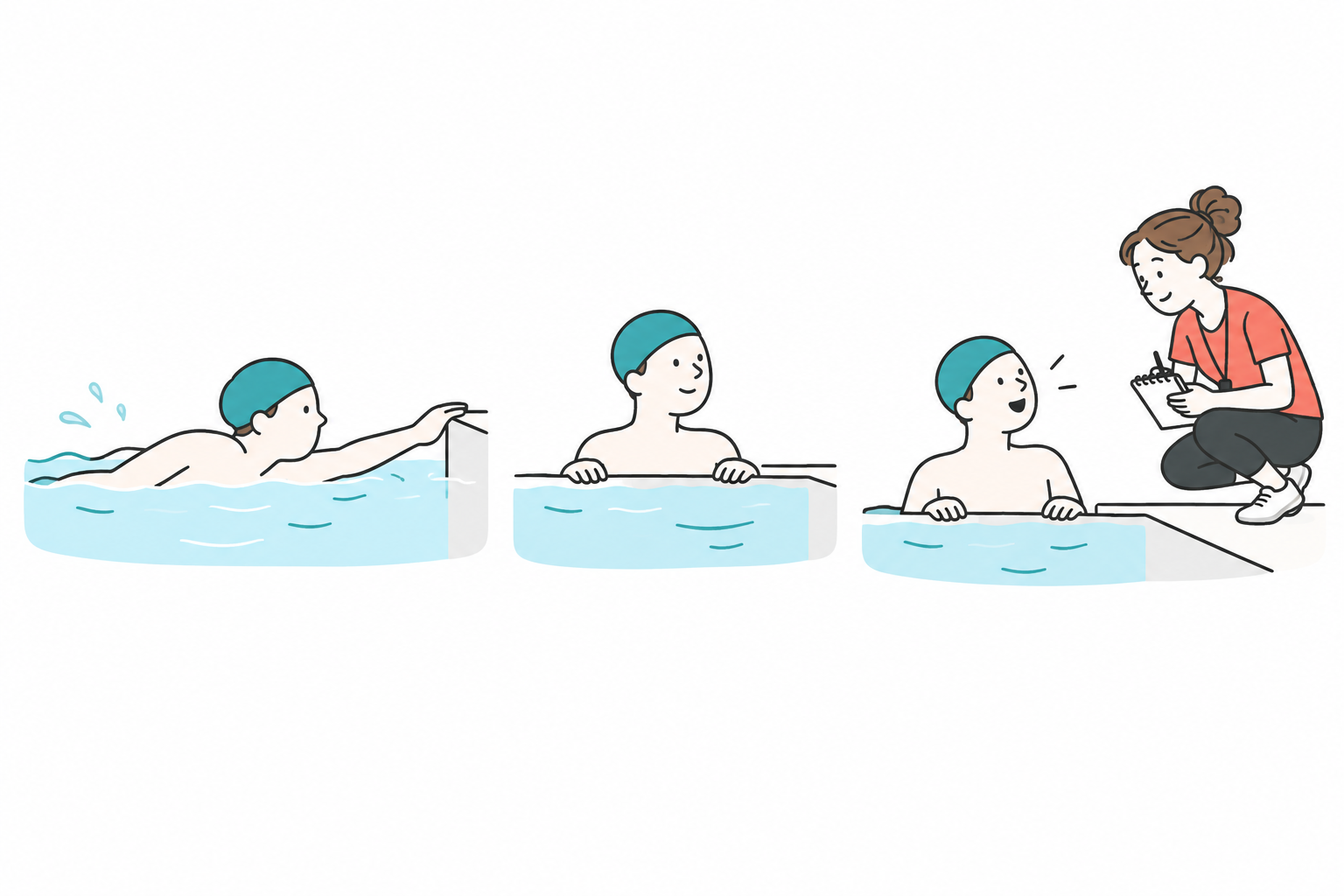 プールの壁で一つの観察を振り返る泳者