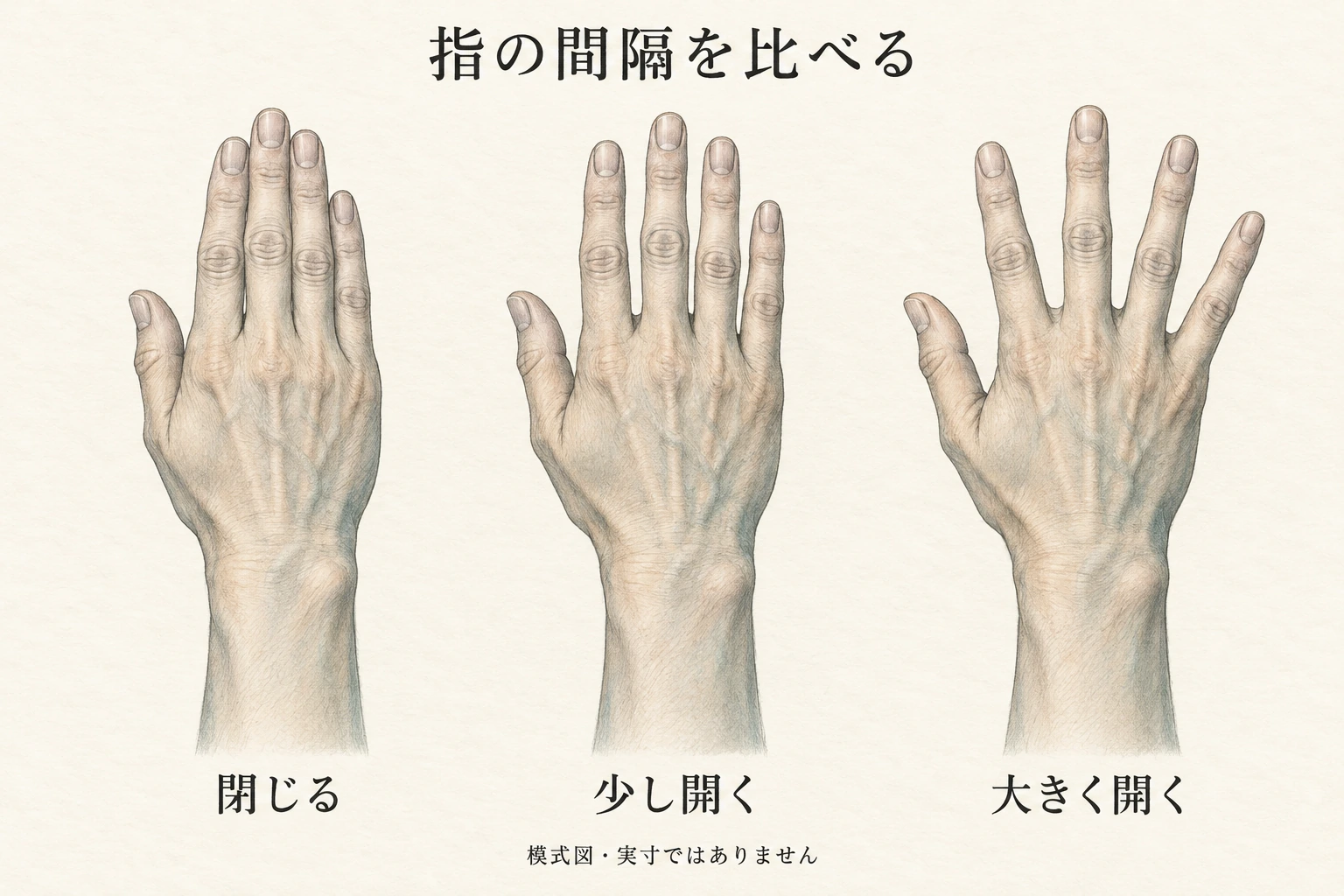 指の間隔を3通りで比較した模式図