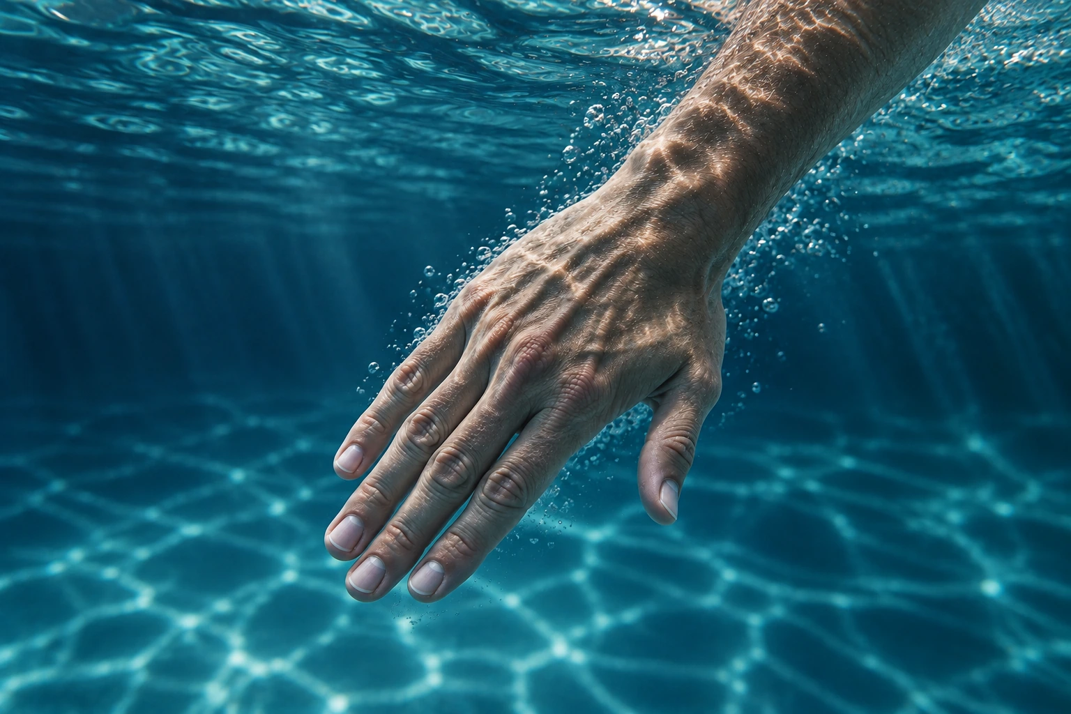 水中にある手。手全体の幅と指の隙間へ目を向けるイメージ