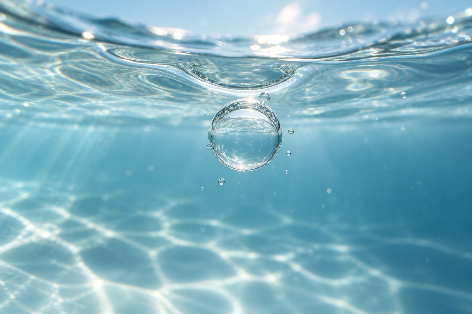 水面に開いたくぼみと、水に囲まれた空気を見分けます。